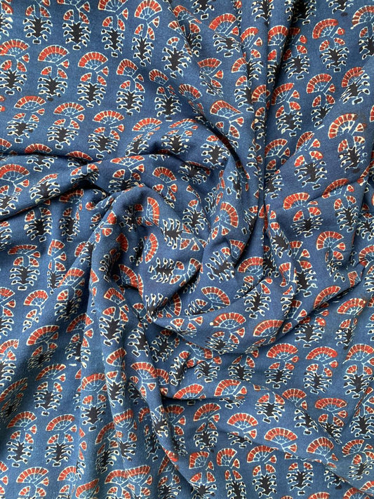 Natural Dye Indigo Maroon Handblock Ajrakh Cotton Fabric