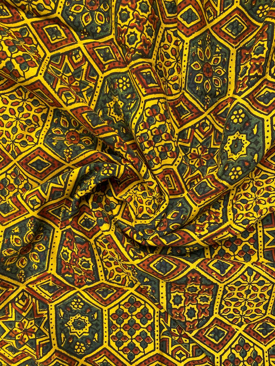 Natural Dye Turmeric Yellow Maroon Handblock Ajrakh Cotton Fabric