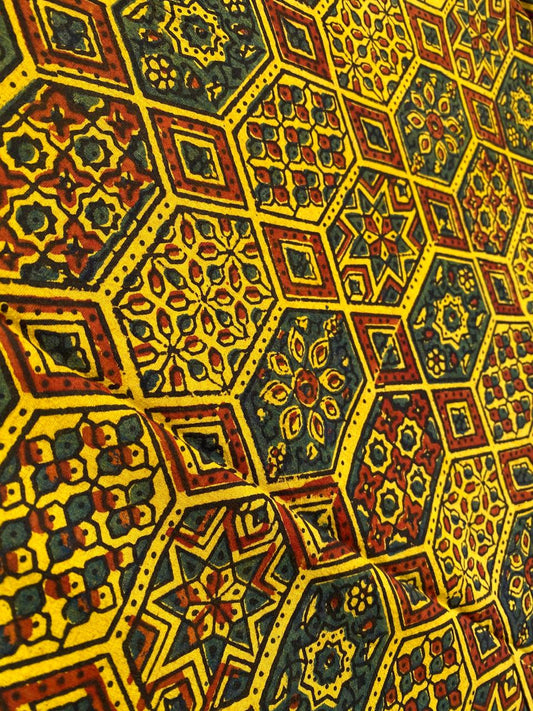 Natural Dye Turmeric Yellow Maroon Handblock Ajrakh Cotton Fabric