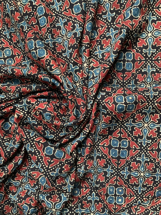 Natural Dye Black Indigo Handblock Ajrakh Cotton Fabric