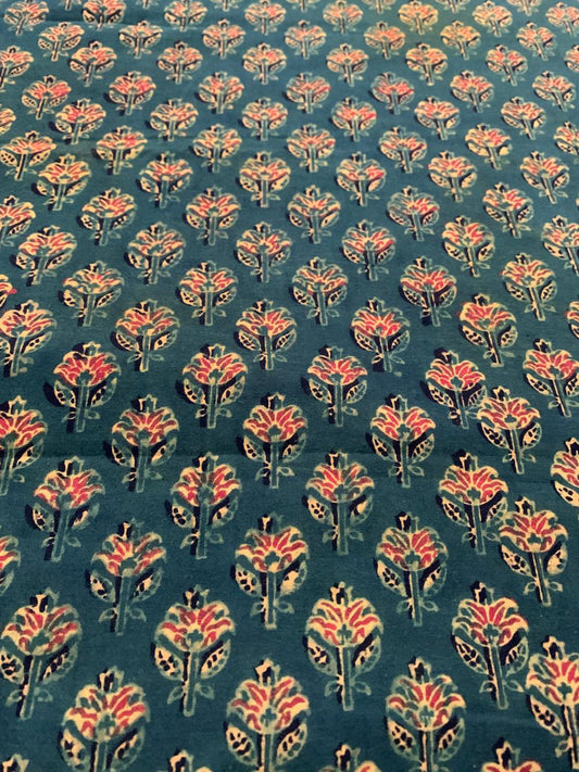 Natural Dye Deep Green Handblock Buti Ajrakh cotton Fabric