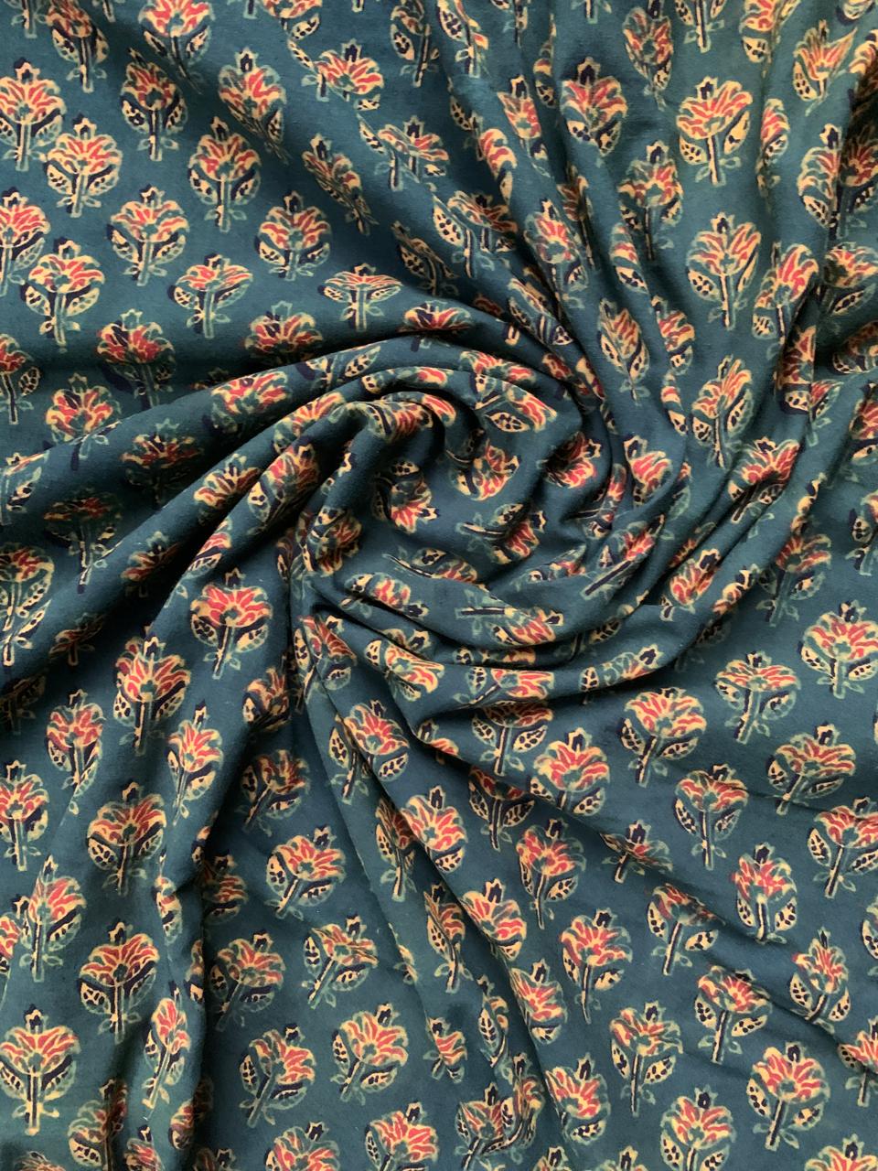 Natural Dye Deep Green Handblock Ajrakh cotton Fabric