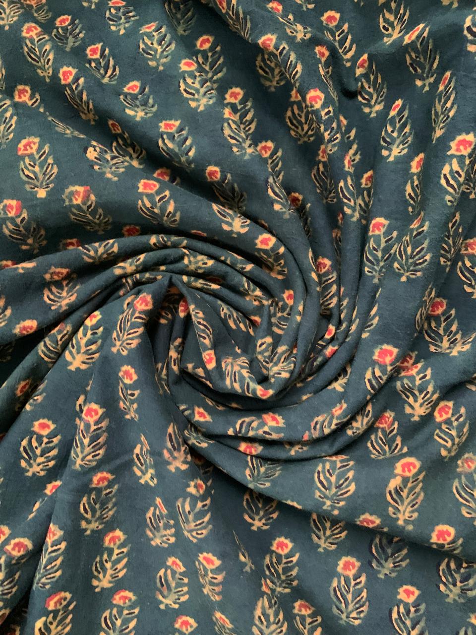 Natural Dye Deep Green Handblock Small Butti Ajrakh Cotton Fabric