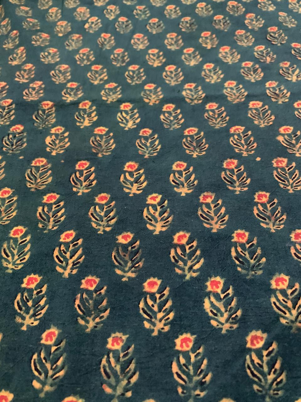 Natural Dye Deep Green Handblock Ajrakh Cotton Fabric