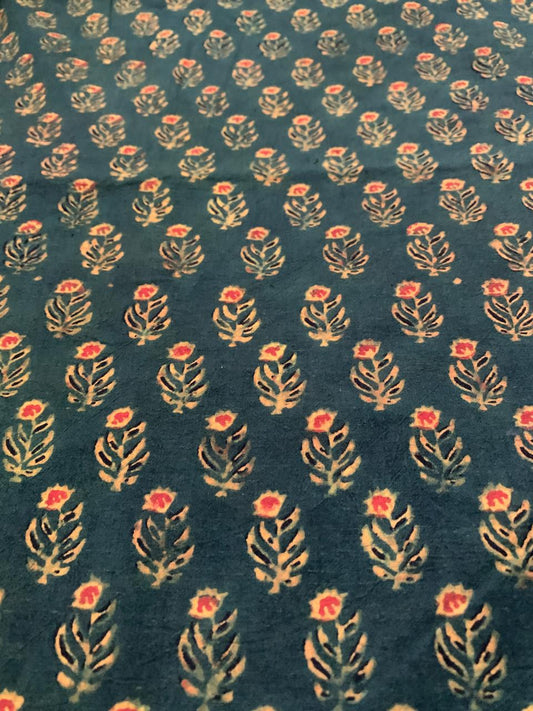 Natural Dye Deep Green Handblock Small Butti Ajrakh Cotton Fabric