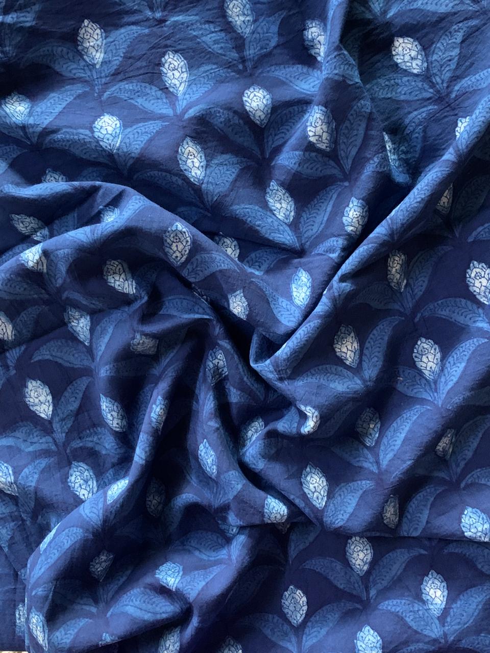 Dabu Indigo Natural Dye Handblock Floral Vine Printed Cotton Fabric