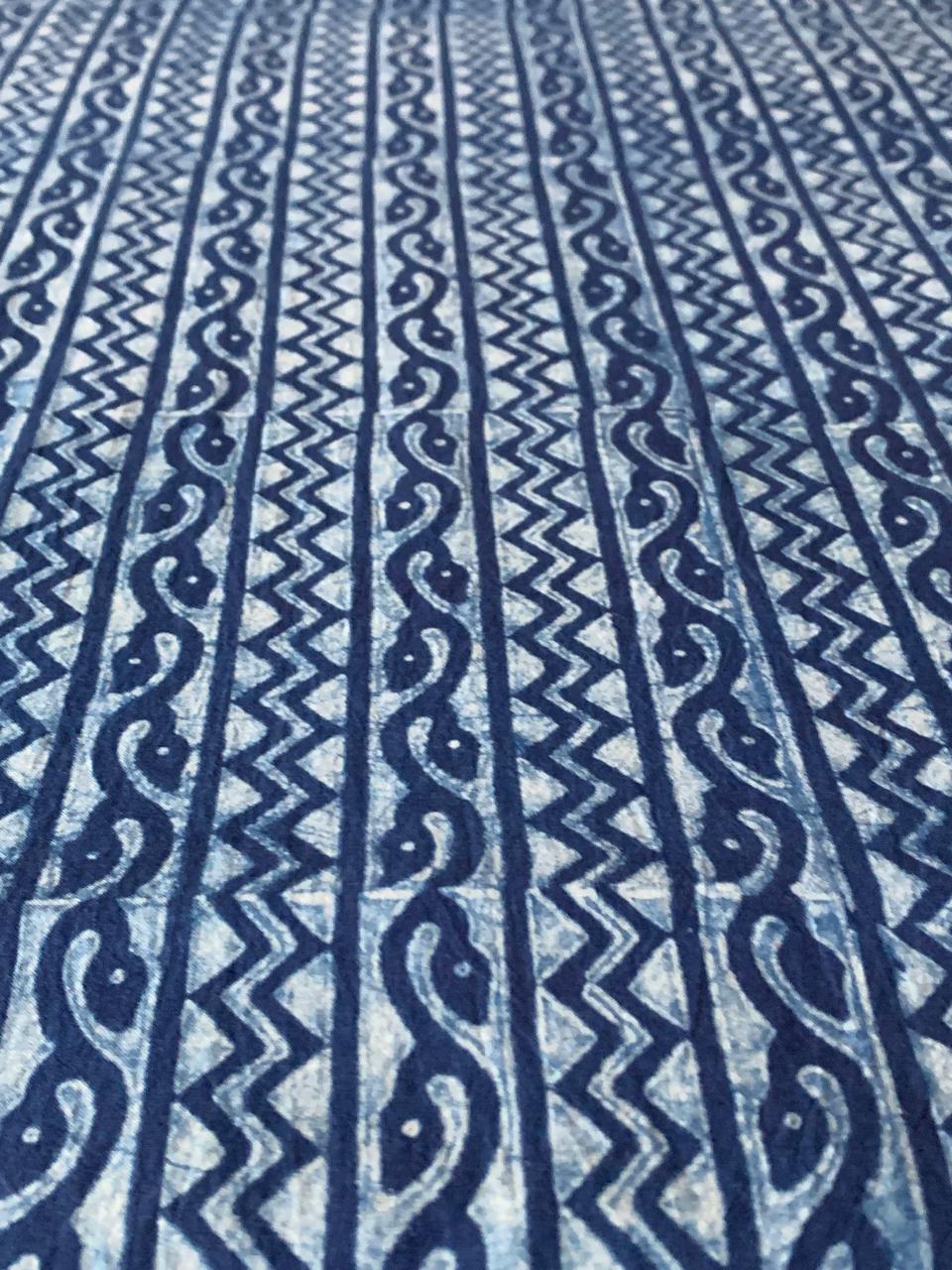 Dabu Indigo Natural Dye Handblock Printed Wavy leaf Cotton Fabric