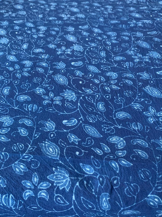 Dabu Indigo Natural Dye Handblock Printed Leaf Pattern Cotton Fabric