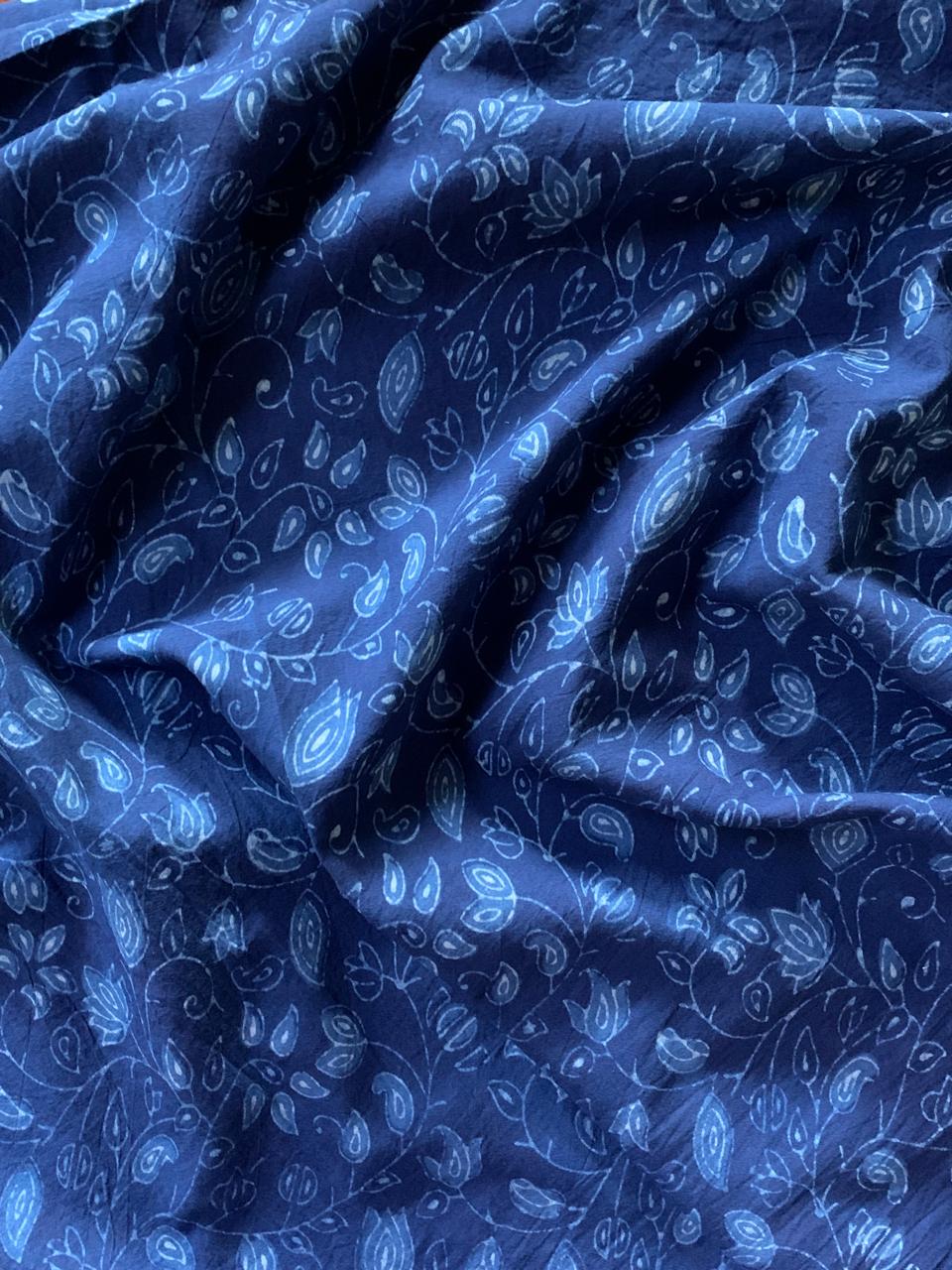 Dabu Indigo Natural Dye Handblock Printed Leaf Pattern Cotton Fabric