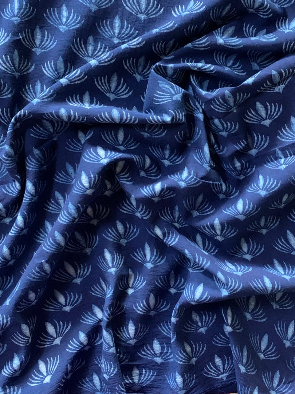 Dabu Indigo Natural Dye Handblock Printed Lotus Flower Cotton Fabric
