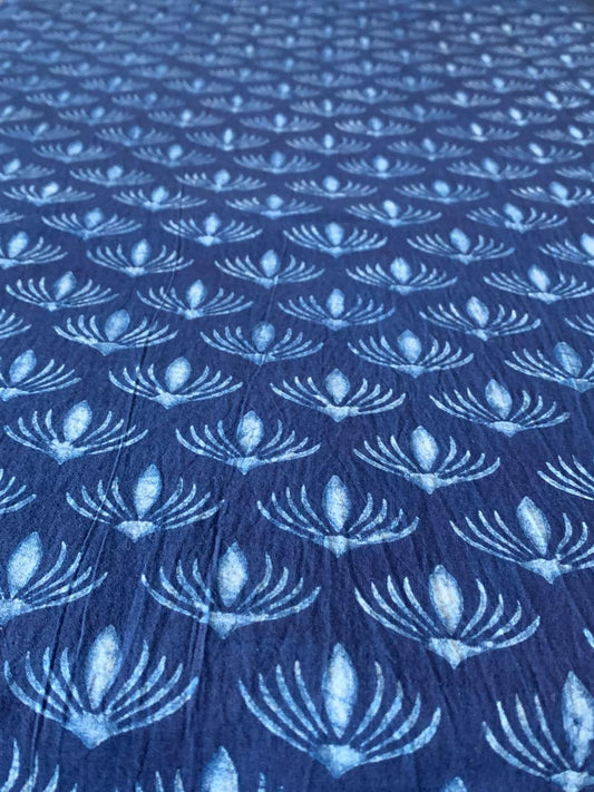 Dabu Indigo Natural Dye Handblock Printed Lotus Flower Cotton Fabric