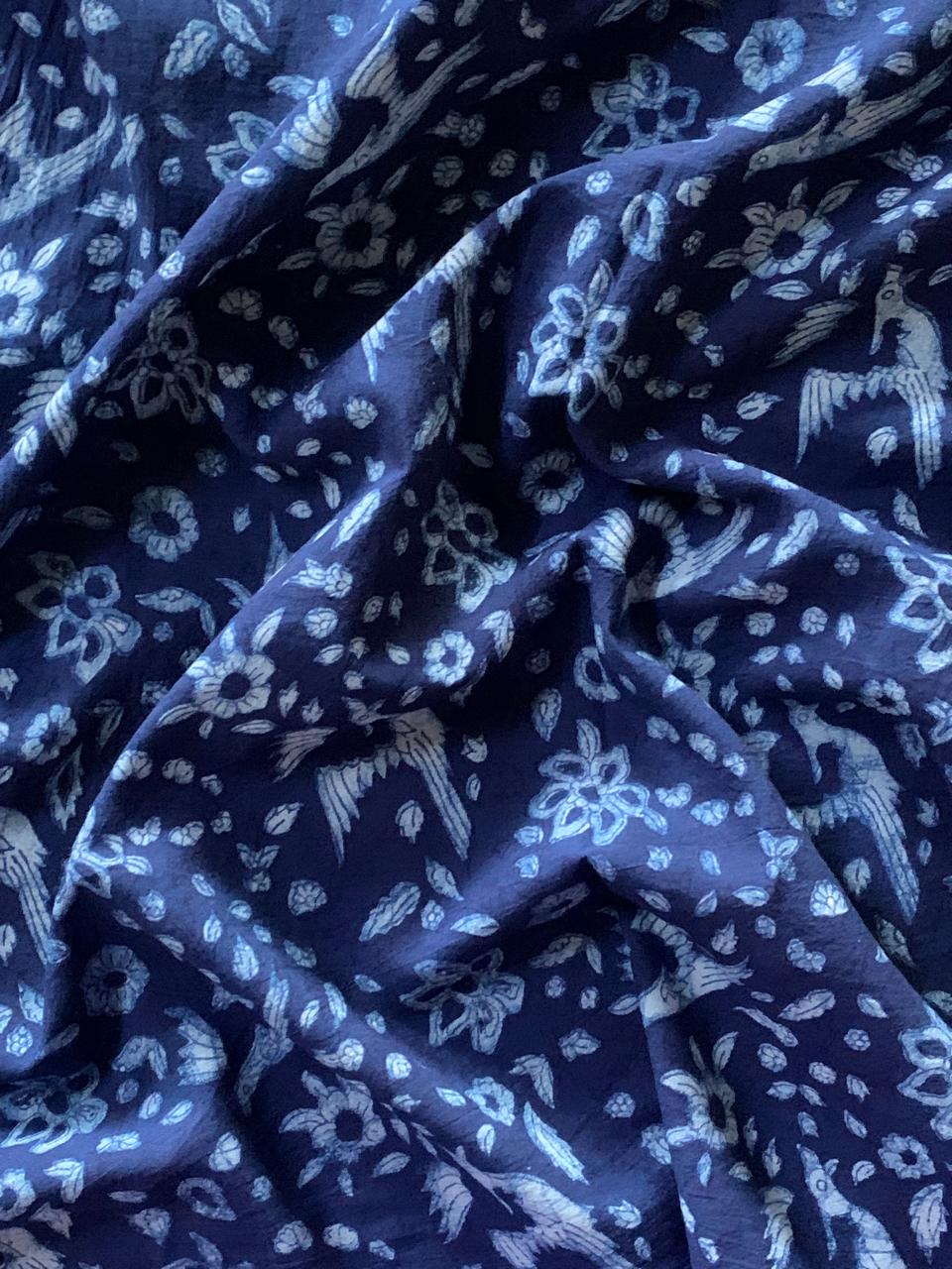 Dabu Indigo Natural Dye Handblock Printed Flying Bird Cotton Fabric