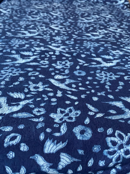 Dabu Indigo Natural Dye Handblock Printed Flying Bird Cotton Fabric