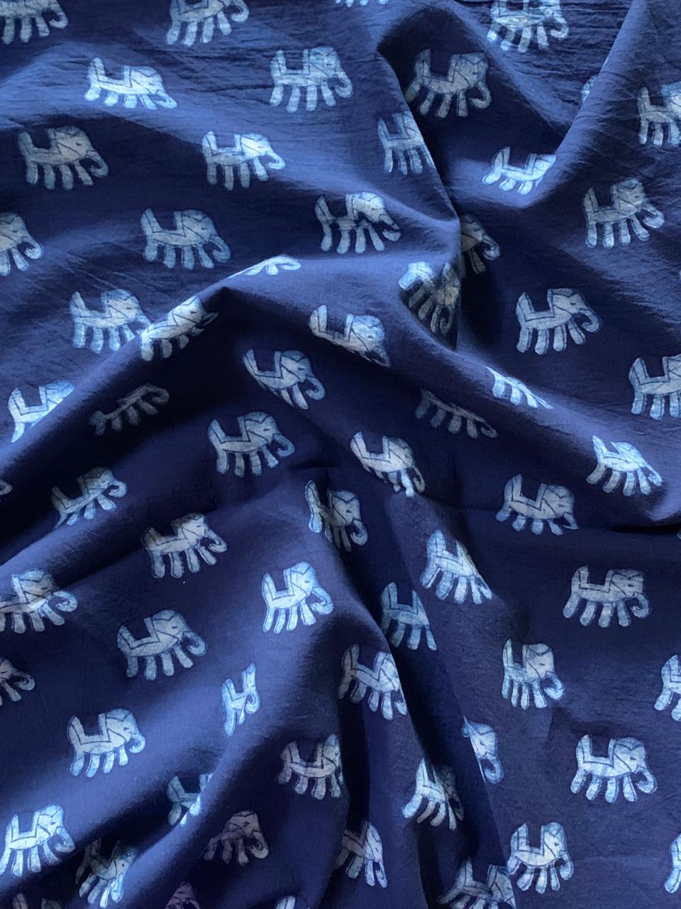 Dabu Indigo Natural Dye Handblock Printed Small Elephant Cotton Fabric
