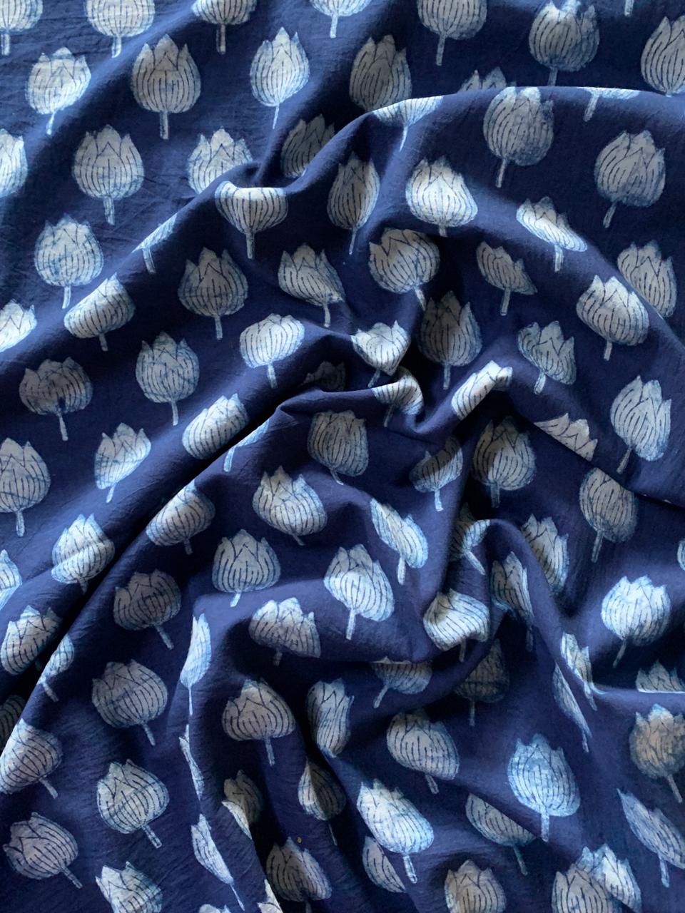 Dabu Indigo Natural Dye Handblock Lotus Buds Printed Cotton Fabric