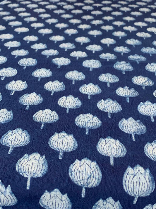 Dabu Indigo Natural Dye Handblock Lotus Buds Printed Cotton Fabric