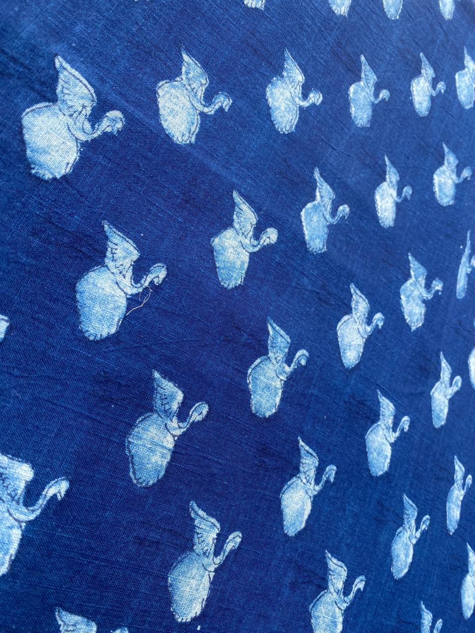 Dabu Indigo Natural Dye Handblock Printed Swan Slub Cotton Fabric