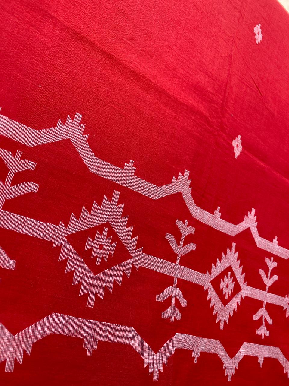 Red Border Handloom Jamdani Cotton Fabric