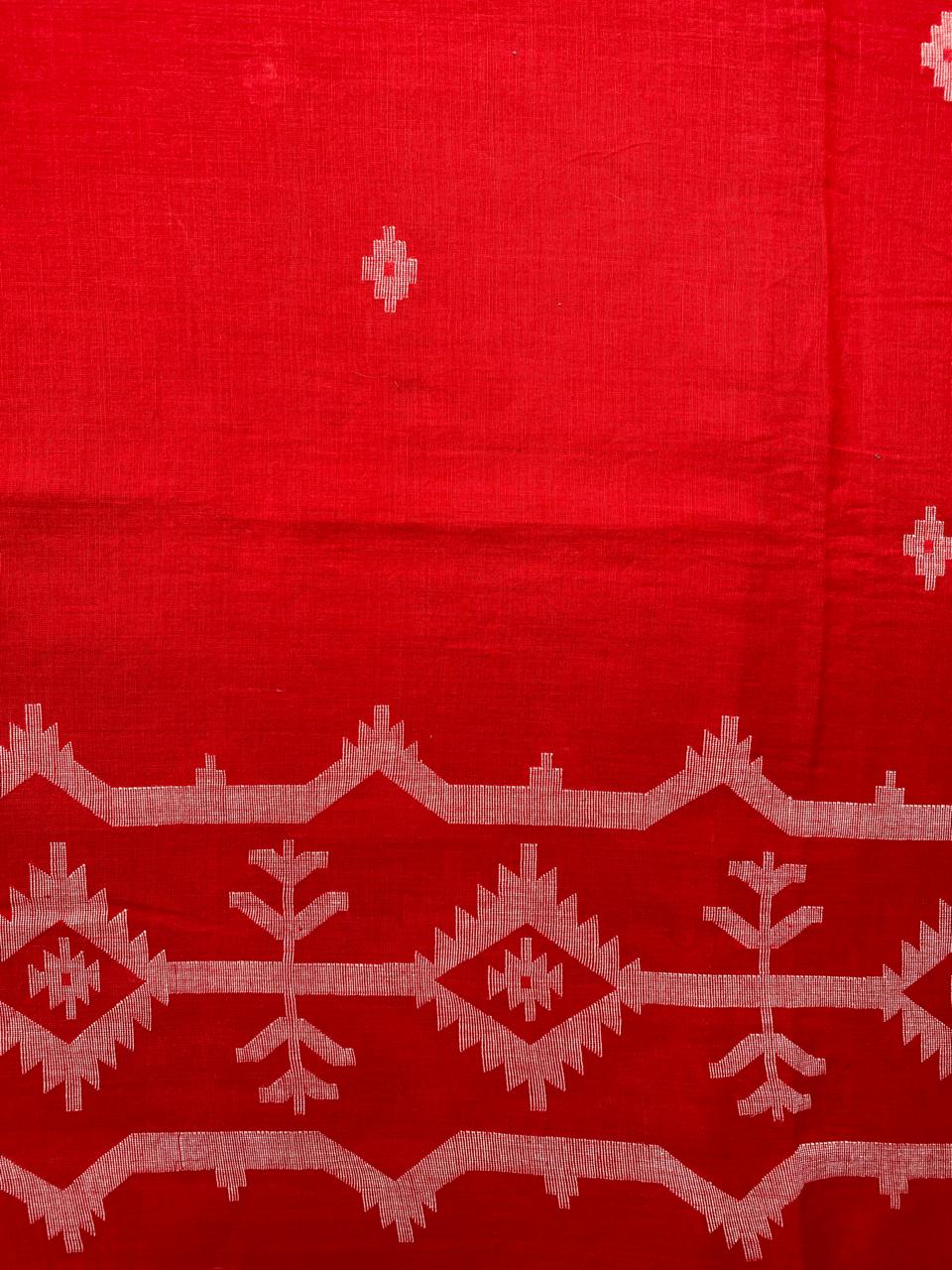 Red Border Handloom Jamdani Cotton Fabric