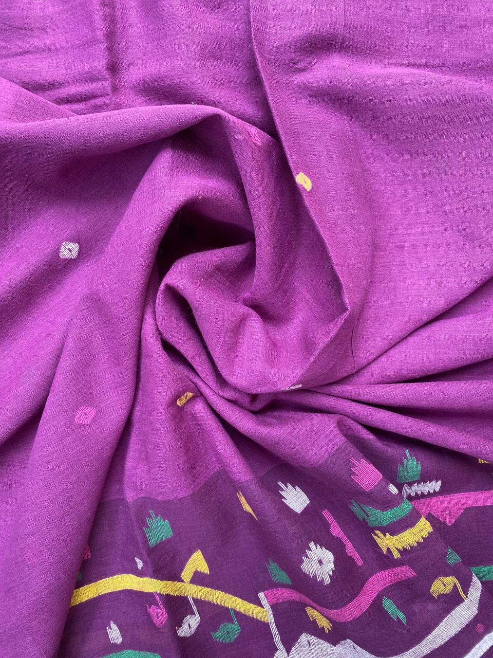 Magenta Multicolour Handloom Border Jamdani Cotton Fabric
