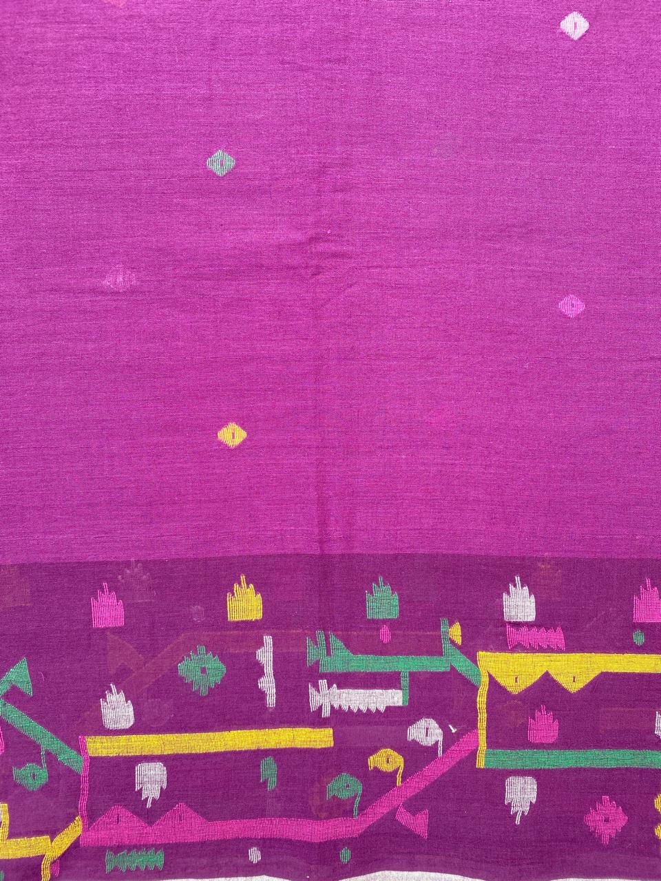 Magenta Multicolour Handloom Border Jamdani Cotton Fabric