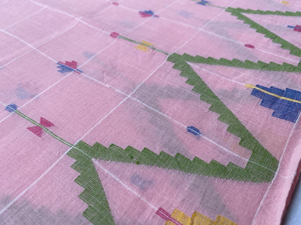 Baby Pink Handloom Border Jamdani Cotton Fabric
