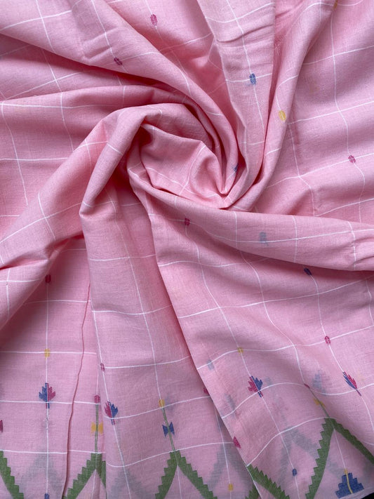 Baby Pink Handloom Border Jamdani Cotton Fabric
