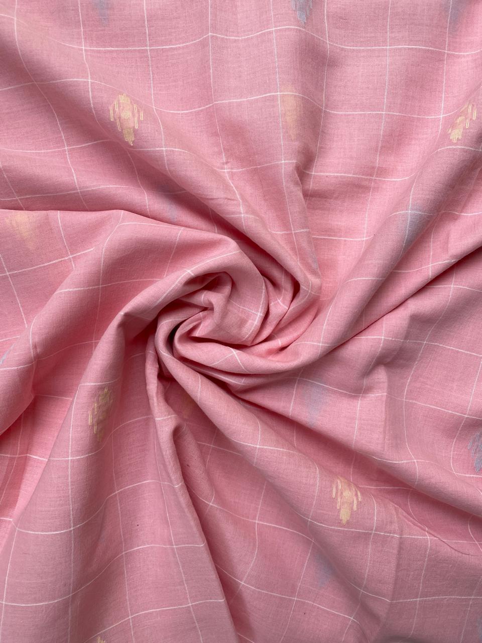 Baby Pink Checks Butti Handloom Cotton Jamdani Fabric