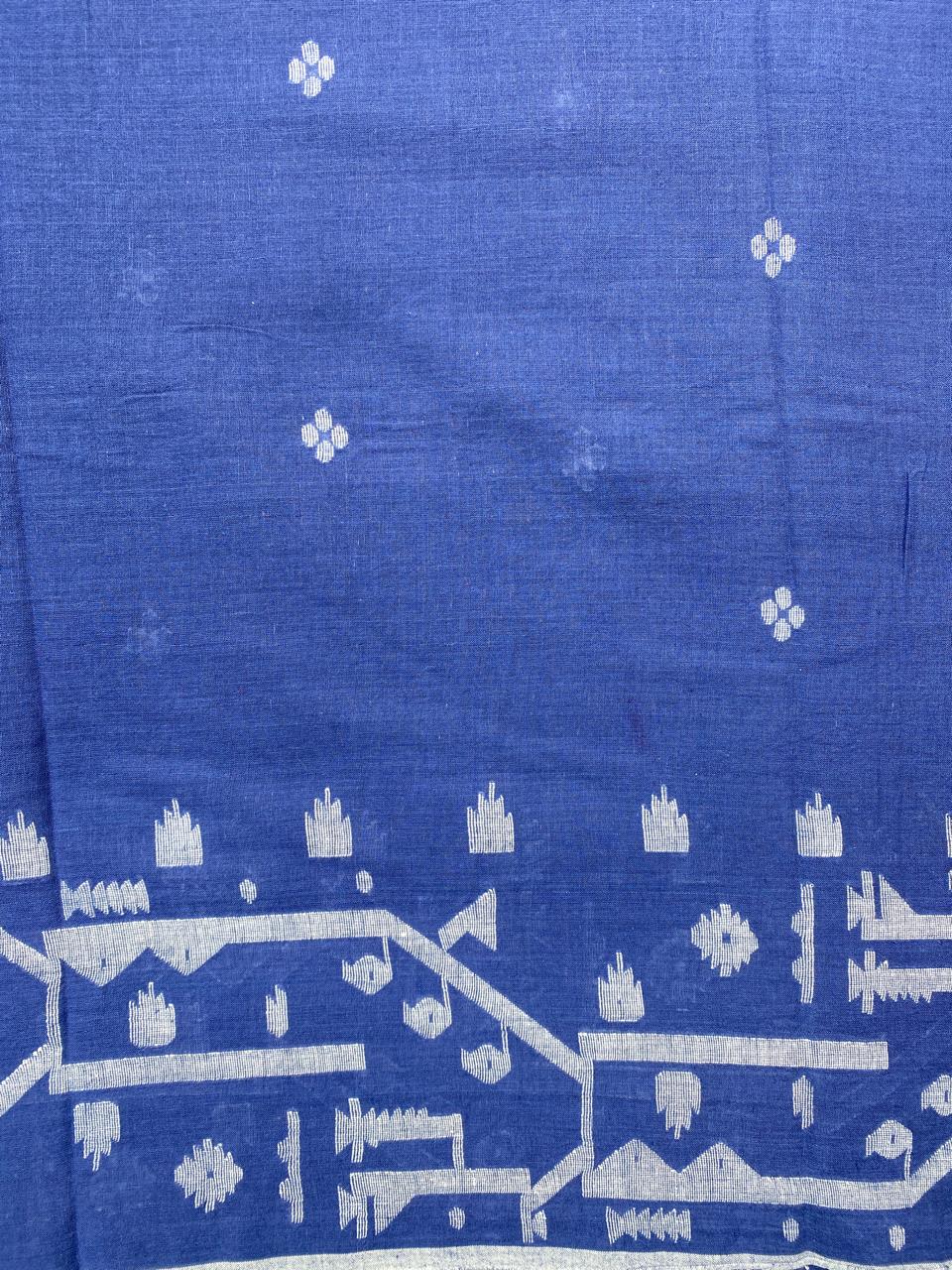 Indigo Blue Handloom Border Jamdani Cotton Fabric