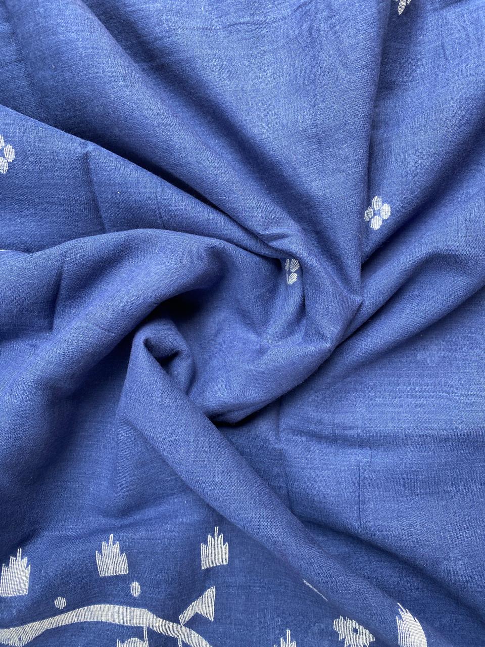 Indigo Blue Handloom Border Jamdani Cotton Fabric