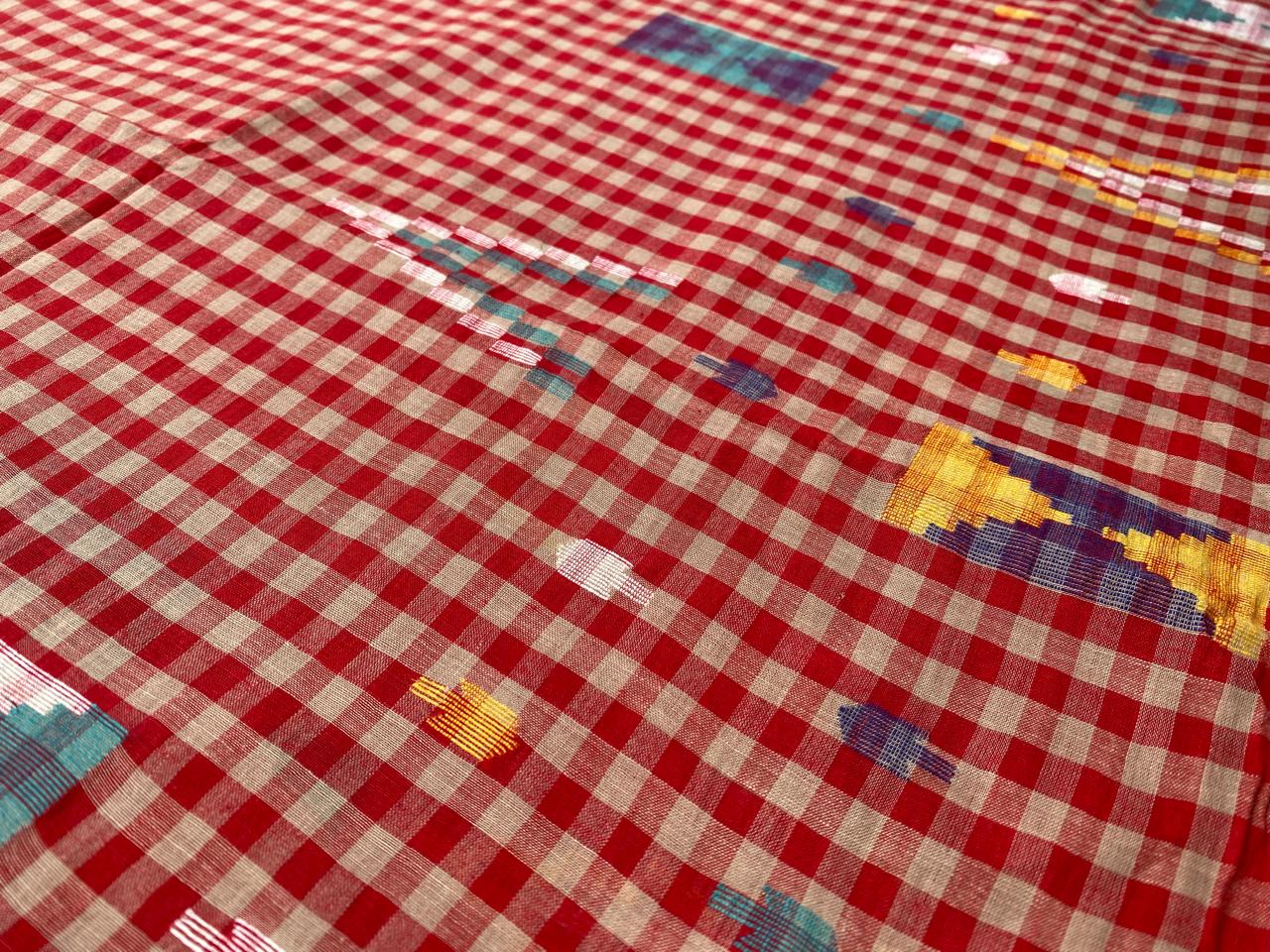 Red Checks Border Jamdani Handloom Cotton Fabric