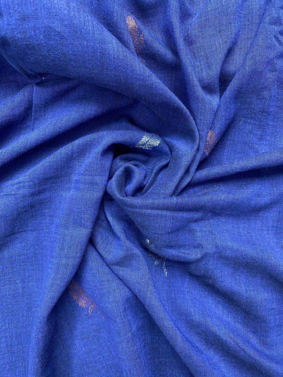 Blue Copper Silver Butti Handloom Cotton Jamdani Fabric