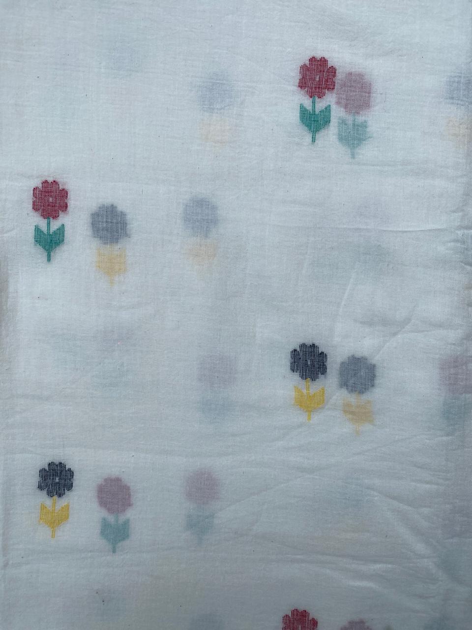 White Flower Butti Handloom Cotton Fabric