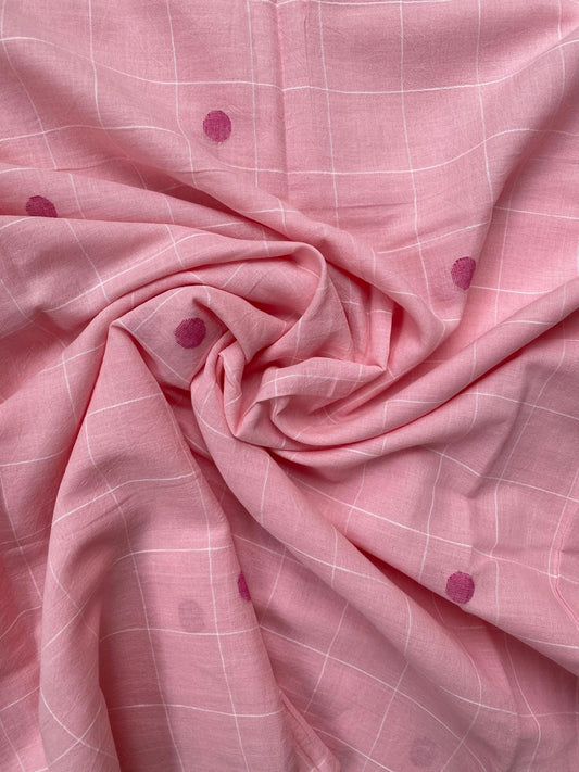 Pink Dot Checks Handloom Cotton Jamdani Fabric