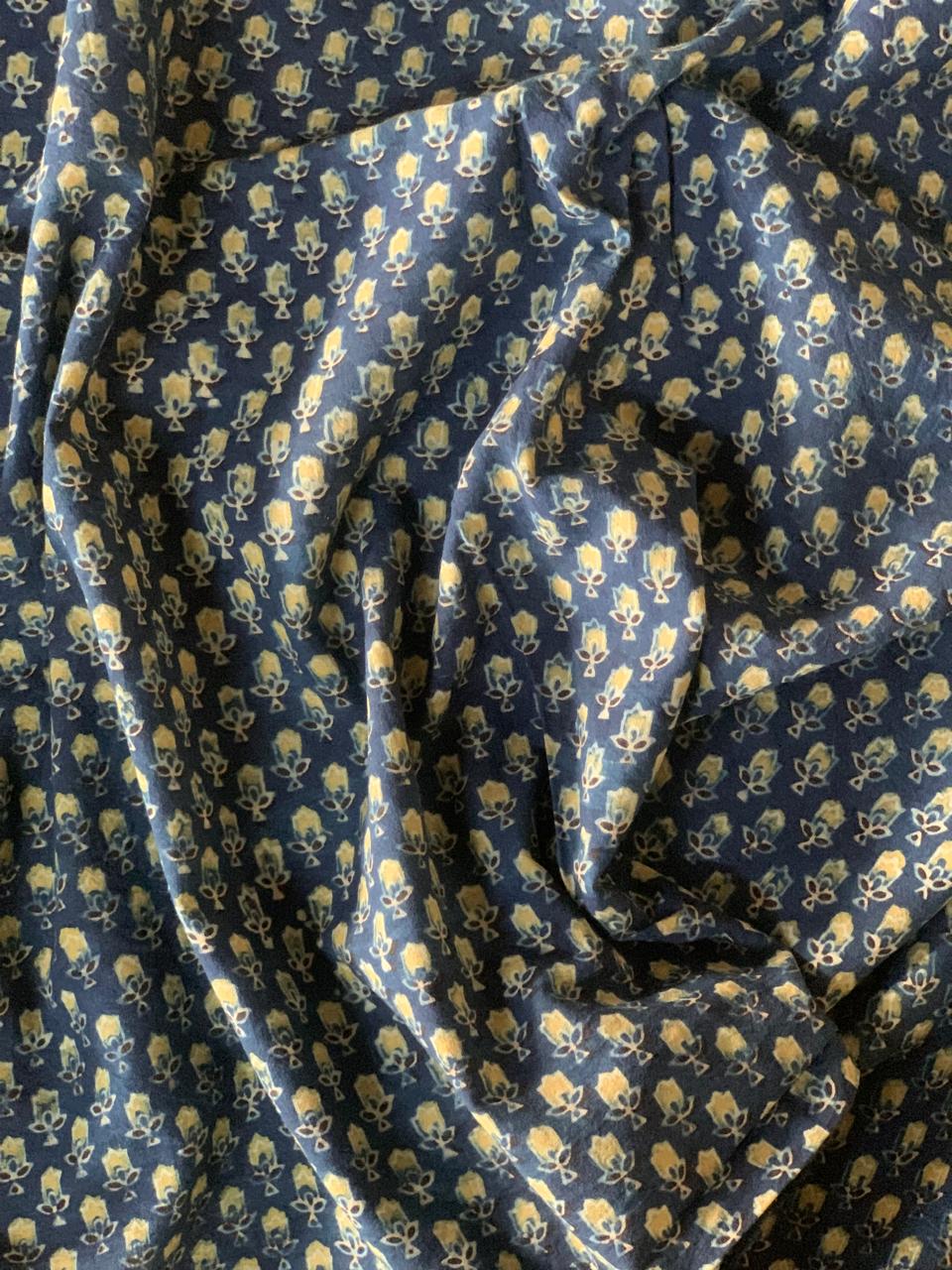 Natural Dye Handblock Printed Indigo Small Flower Ajrakh Fabric