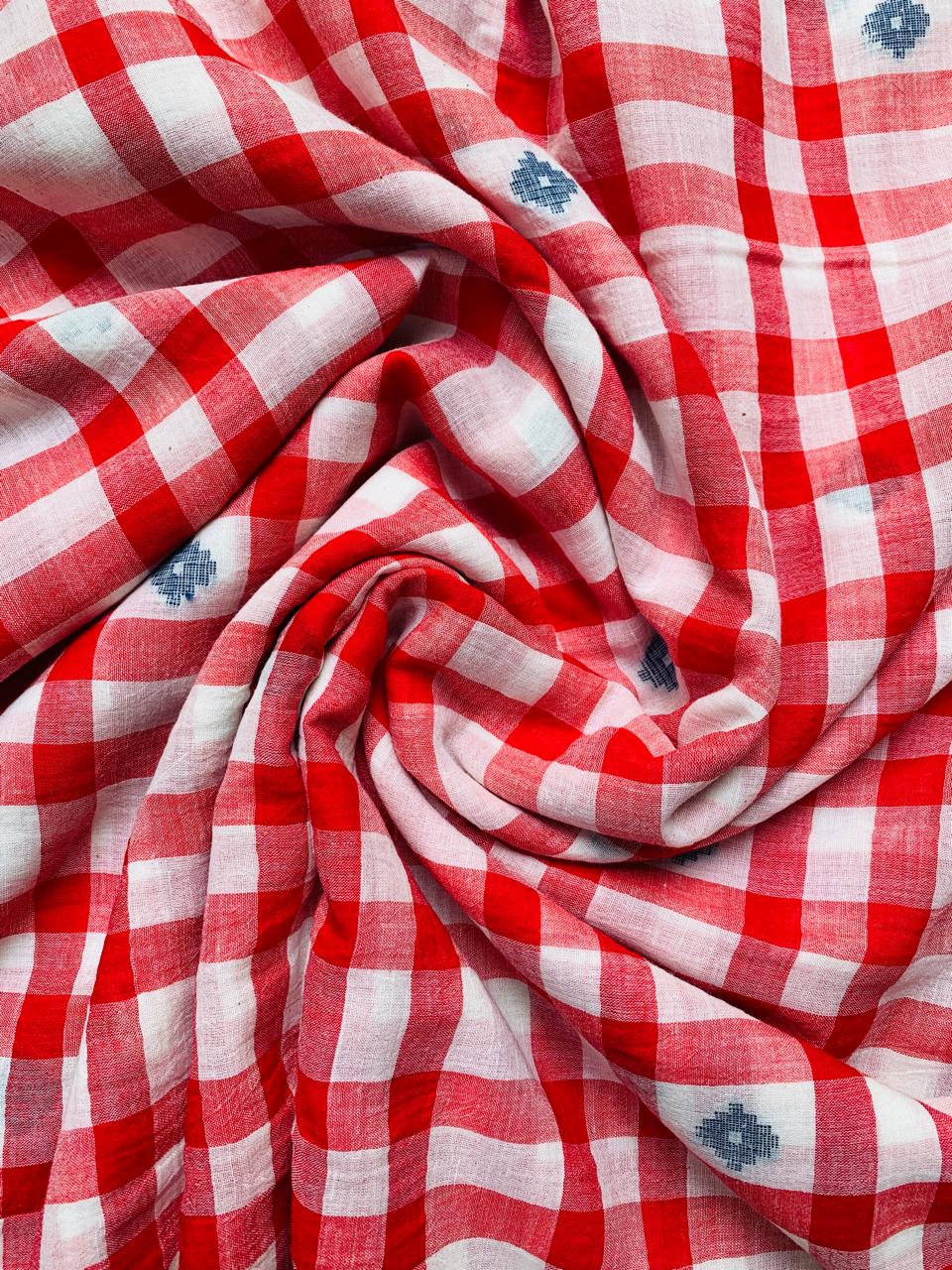 RED AND CREAM CHECKS HANDLOOM JAMDANI COTTON FABRIC