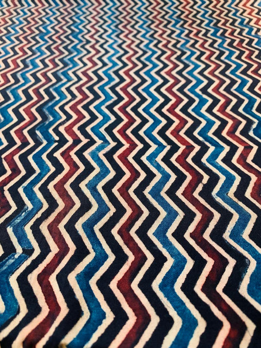 Ajrakh Modal Silk Black Zigzag Stripe Handblock Printed Fabric