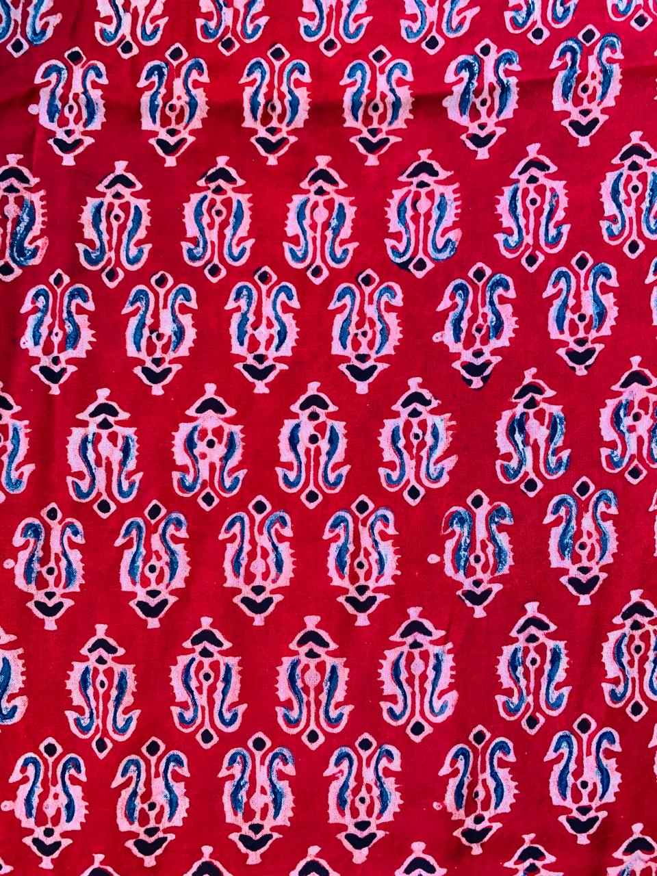 Ajrakh Modal Silk Red Handblock Printed Fabric