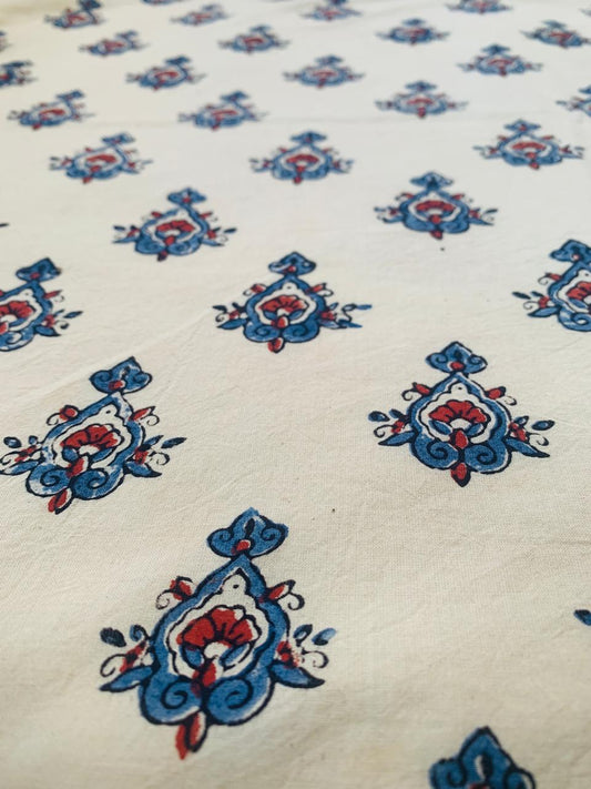 Ajrakh Cotton Handblock Printed Off White Small Butti Natural Dye Fabric