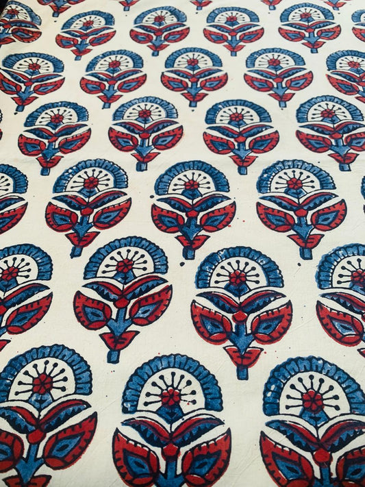 Ajrakh Cotton Handblock Printed Off White Natural Dye Fabric