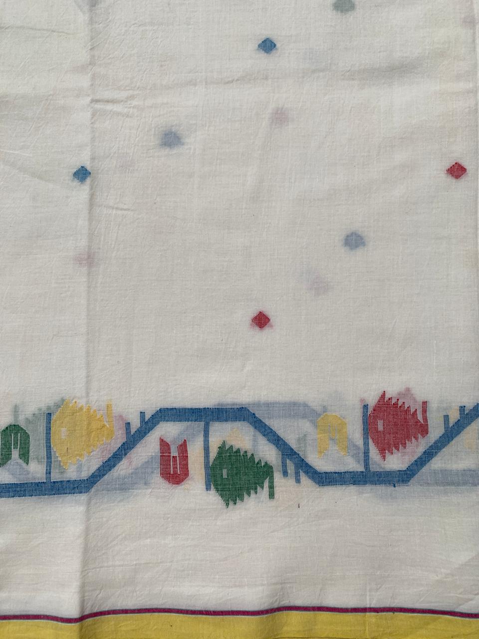 Cream Multicolour Border Handloom Jamdani Cotton Fabric