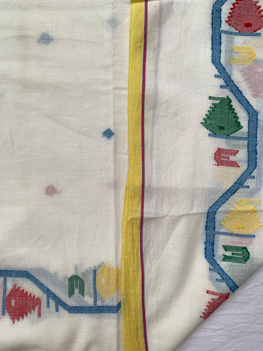 Handloom Jamdani Cotton Cream Multicolour Border Fabric