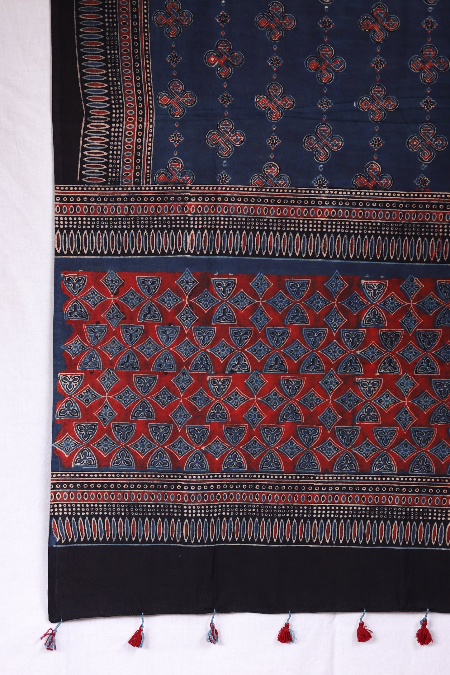 Ajrakh Cotton Handblocked Printed Dupatta With Tassels – Maroon Red