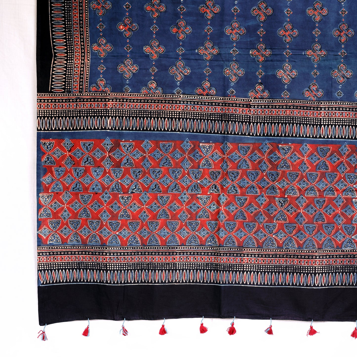 Ajrakh Cotton Handblocked Printed Dupatta With Tassels – Maroon Red