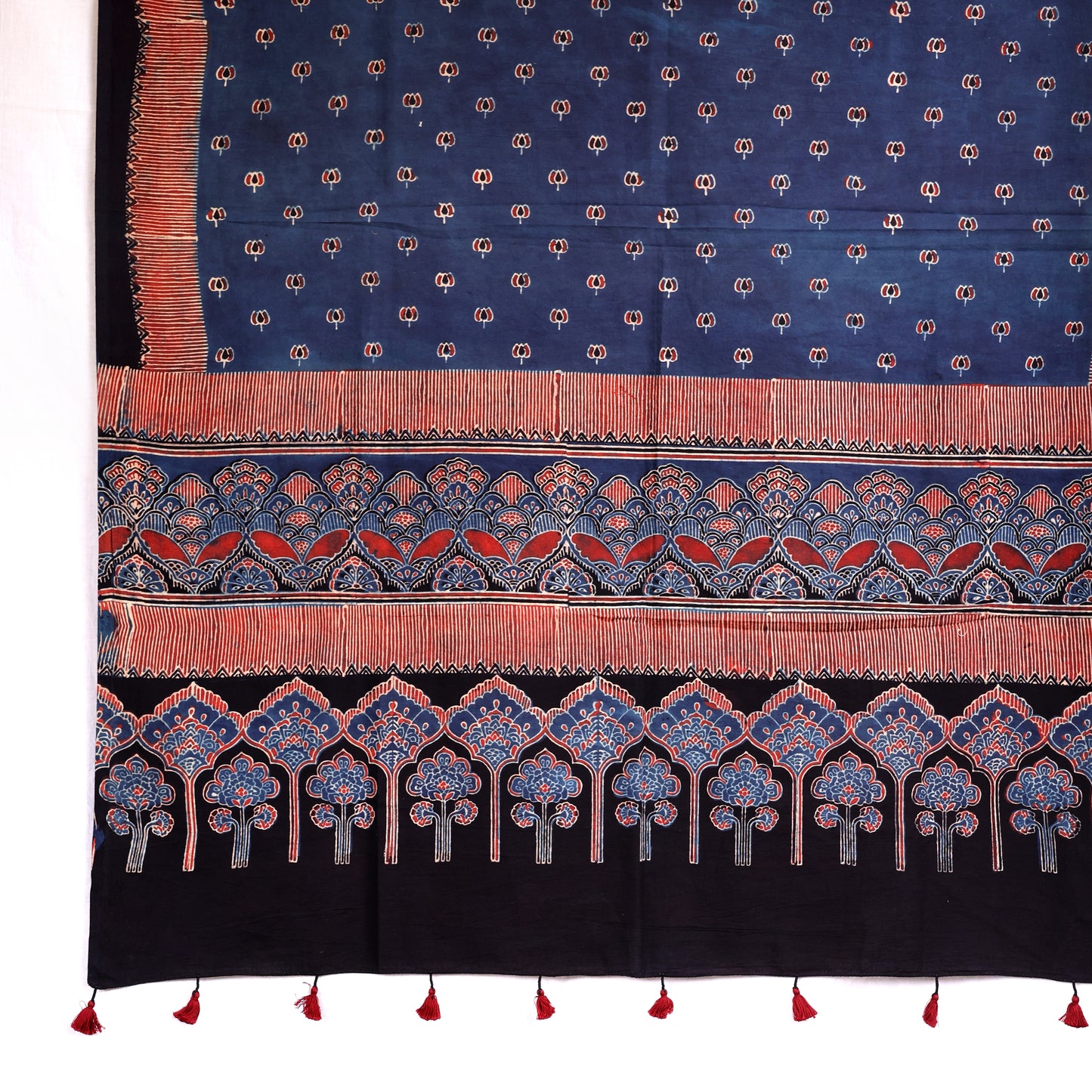 Ajrakh Cotton Handblocked Printed Dupatta With Tassels – Blue Maroon