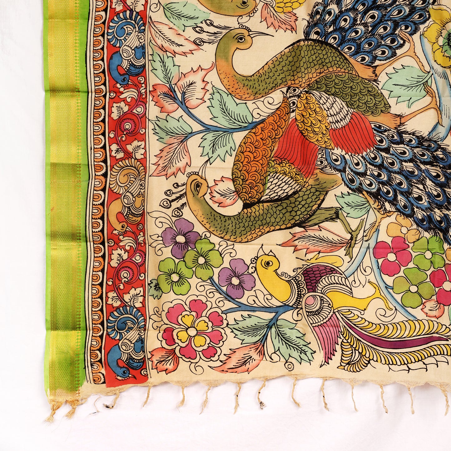 Kalamkari Hand Drawn Hand Painted Mangalgiri Silk Dupatta