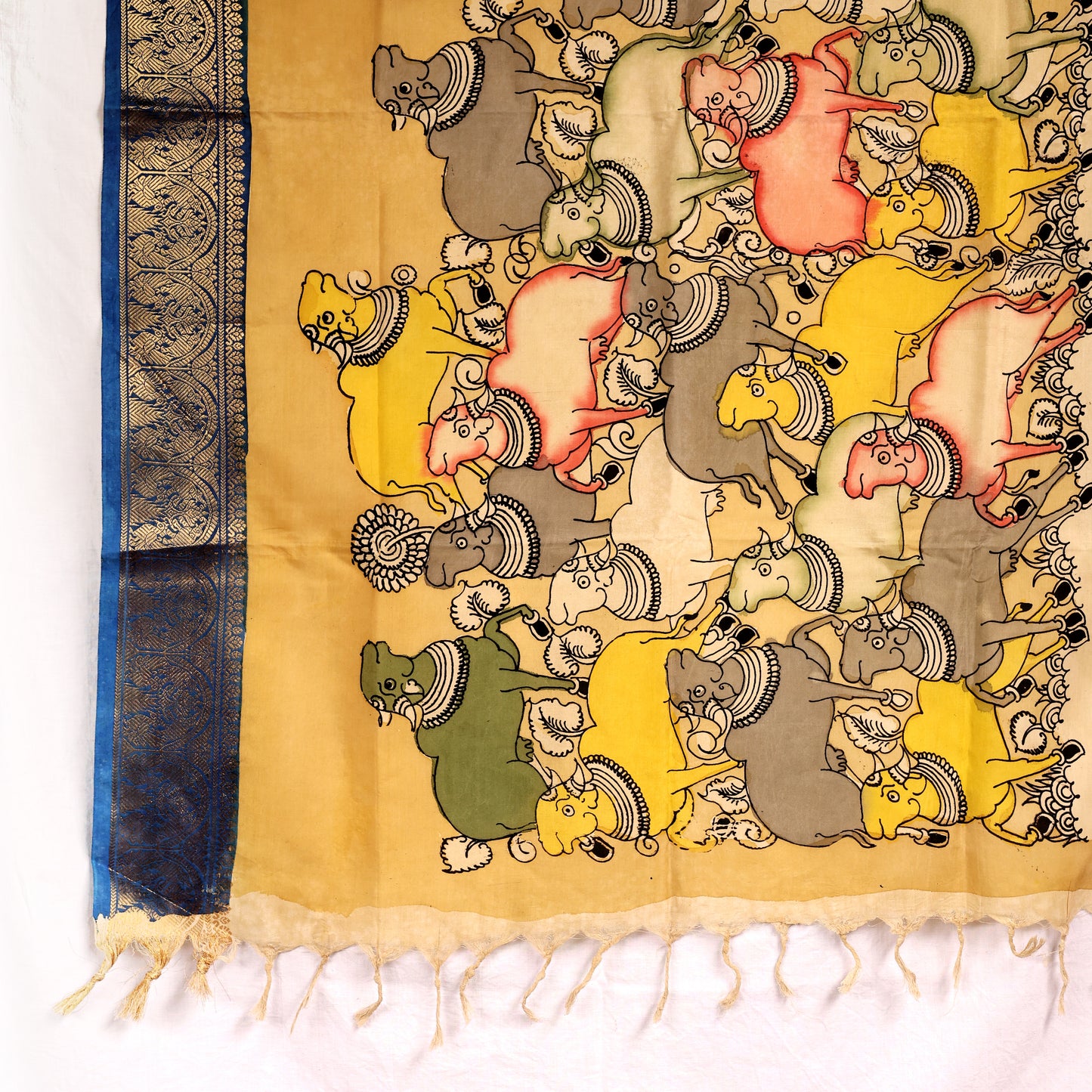Kalamkari Hand Drawn Hand Painted Mangalgiri Silk Yellow Blue Dupatta
