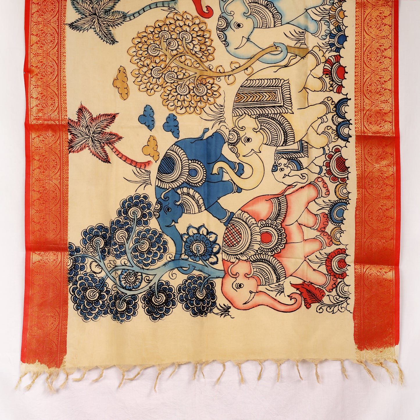 Kalamkari Hand Drawn Hand Painted Beige Red Mangalgiri Silk Dupatta