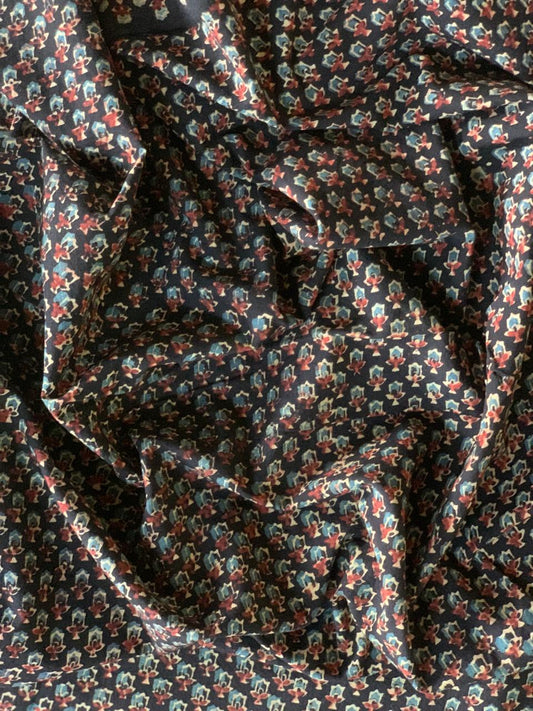 Natural Dye Small Flower Black Handblock Ajrakh Cotton Fabric