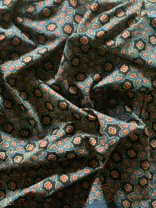 Natural Dye Indigo Black Handblock Ajrakh Cotton Fabric